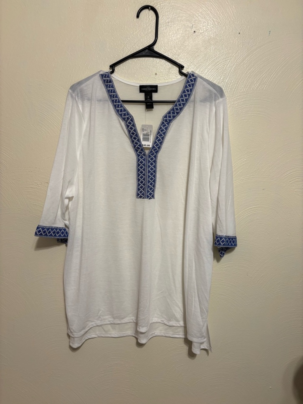 NWT Karen Brooks 2X White Tunic Top Blue Embroidered Trim Plus Size
